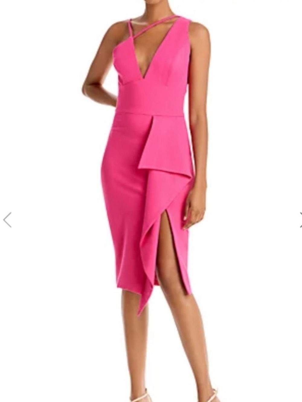 Pink Asymmetric Ruffle Midi Dress with Strappy V-Neck